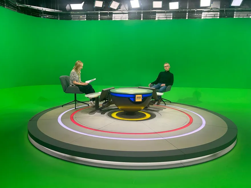 Andrew on the BBC Sport Match of the Day studio set, mid-interview on the green-screen stage